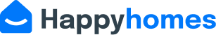 A light colored blue Happy Homes logo